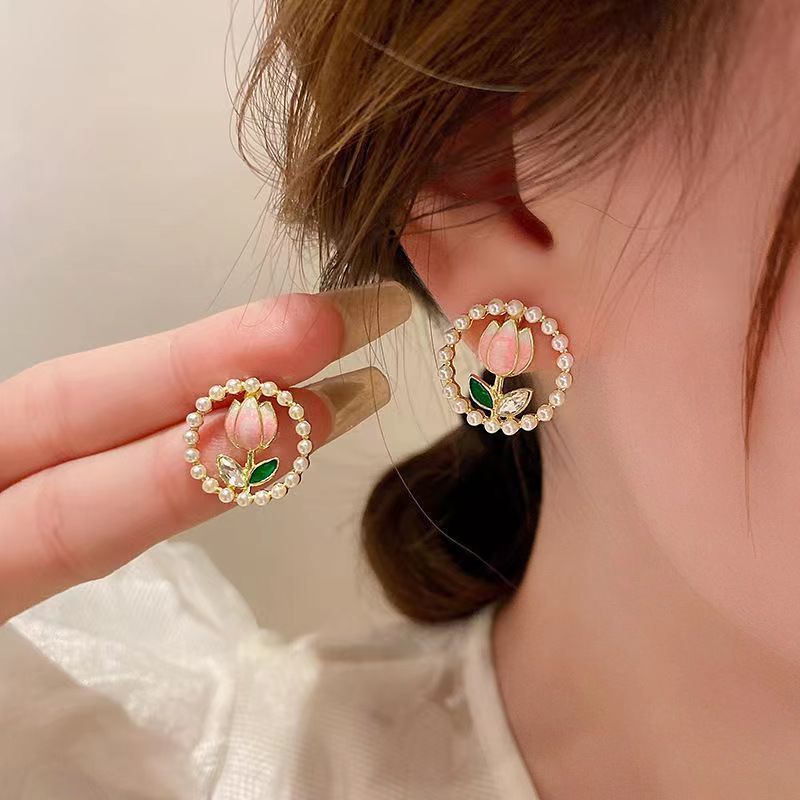 s925 Sweet Retro Diamond Pearl Tulip Earrings Women's Flower Hoop Earrings Korean Fashion Small Fresh Earrings