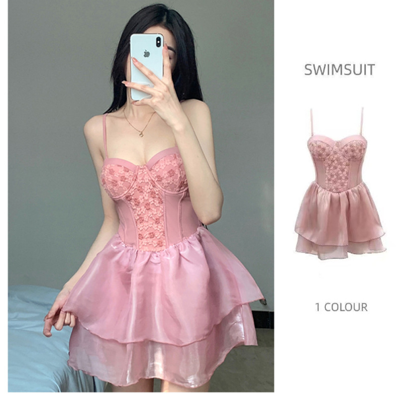 Swimsuit female Internet celebrity style 2024 new one-piece sexy suspender small chest gathered conservative skirt style hot spring swimsuit