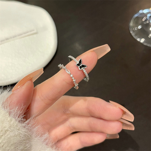 Black zircon butterfly ring for women ins niche design cool style light luxury high-end index finger ring sweet and cool jewelry