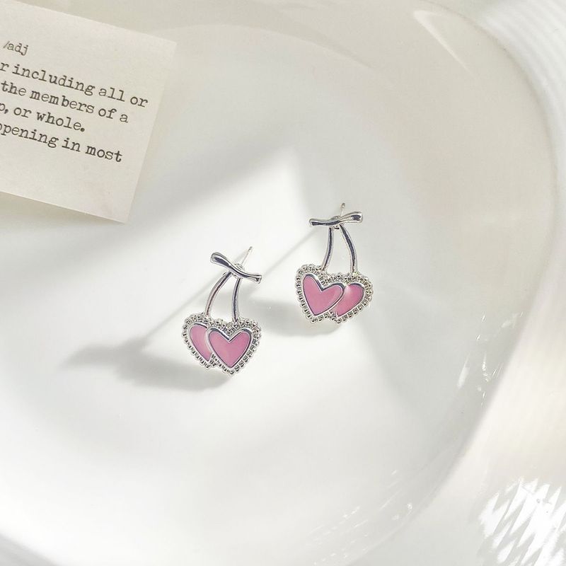 New Trendy Korean Style Pink Cherry Heart Earrings for Women Small, Simple, Exquisite, Sweet and Personalized Earrings Wholesale