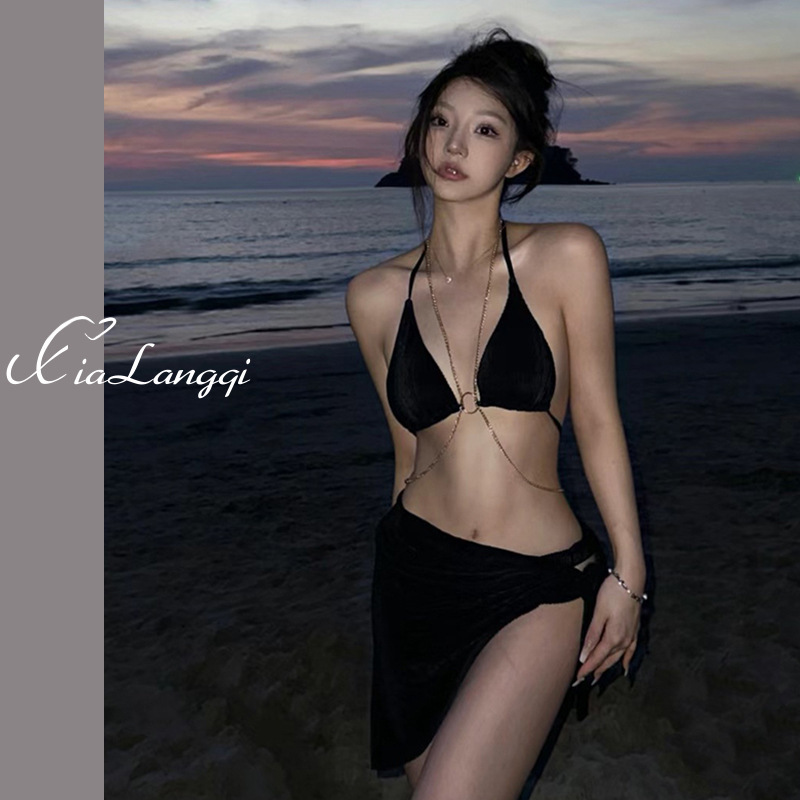 Black chain swimsuit women's bikini three-piece split back swimsuit hot spring beach vacation halter neck sexy