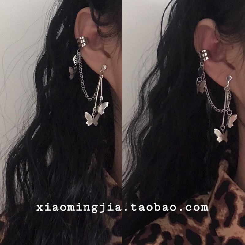 ins butterfly earrings long tassel ear clip super fairy ear bone clip all-in-one face slimming earrings chain earrings for women