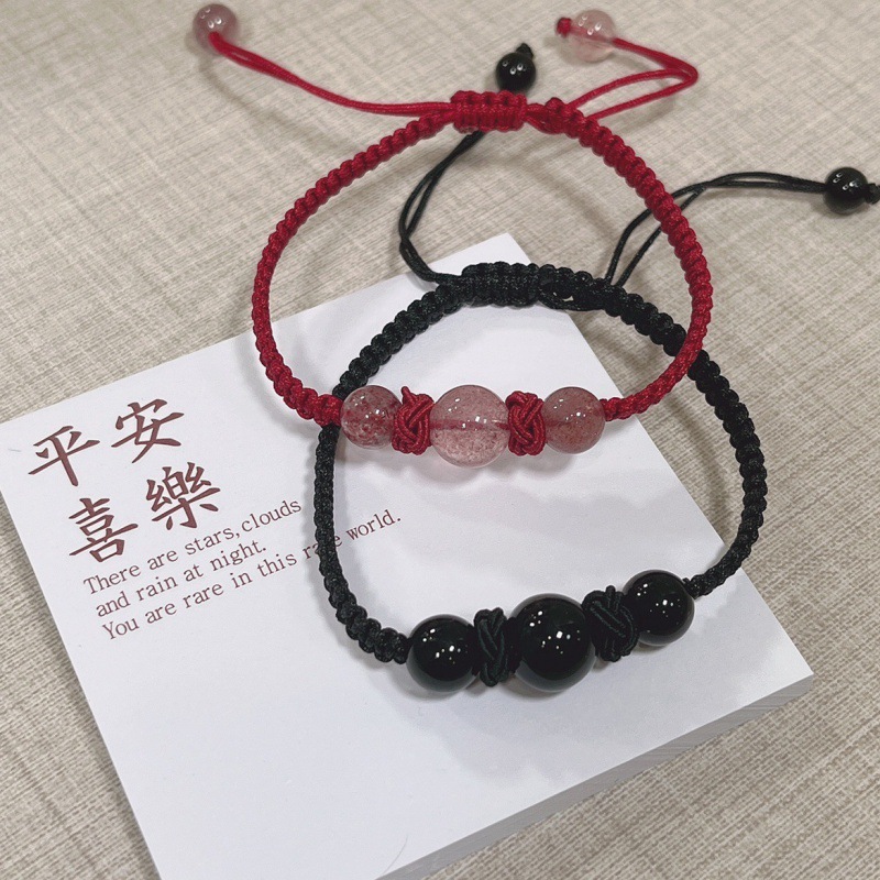 Natural stone red rope couple autumn bracelet braided drawstring hand rope simple fairy niche strawberry crystal obsidian hand ornaments