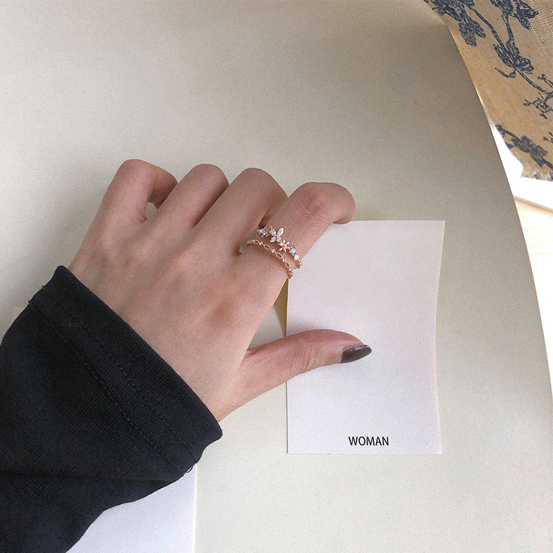 Dielianhua small fresh double-layered open zircon ring for women Japanese and Korean personality versatile sweet food ring
