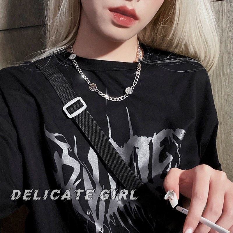 European and American personalized smiley face necklace for women ins trendy hip-hop cool style niche design versatile clavicle chain