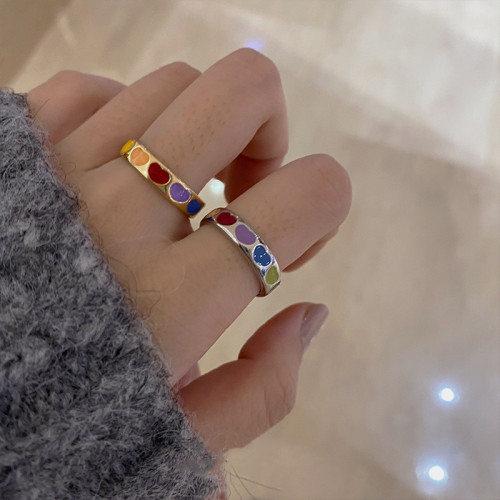 Korean retro rainbow love open ring Internet celebrity girl wind drop oil paint ring round geometric ring