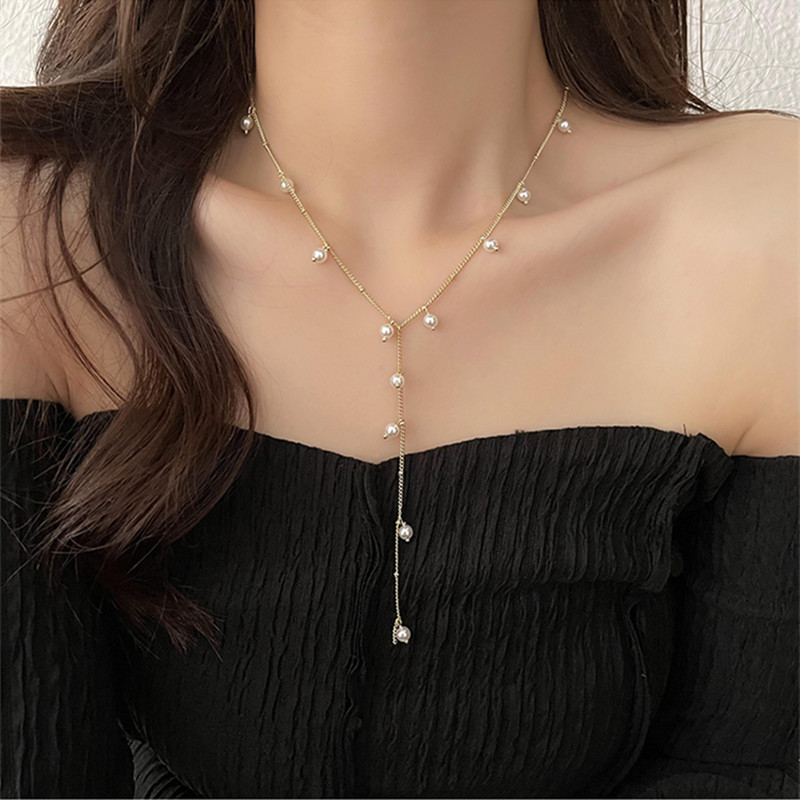 Gypsophila French Y-shaped tassel pearl necklace women's summer temperament design clavicle chain light luxury niche necklace