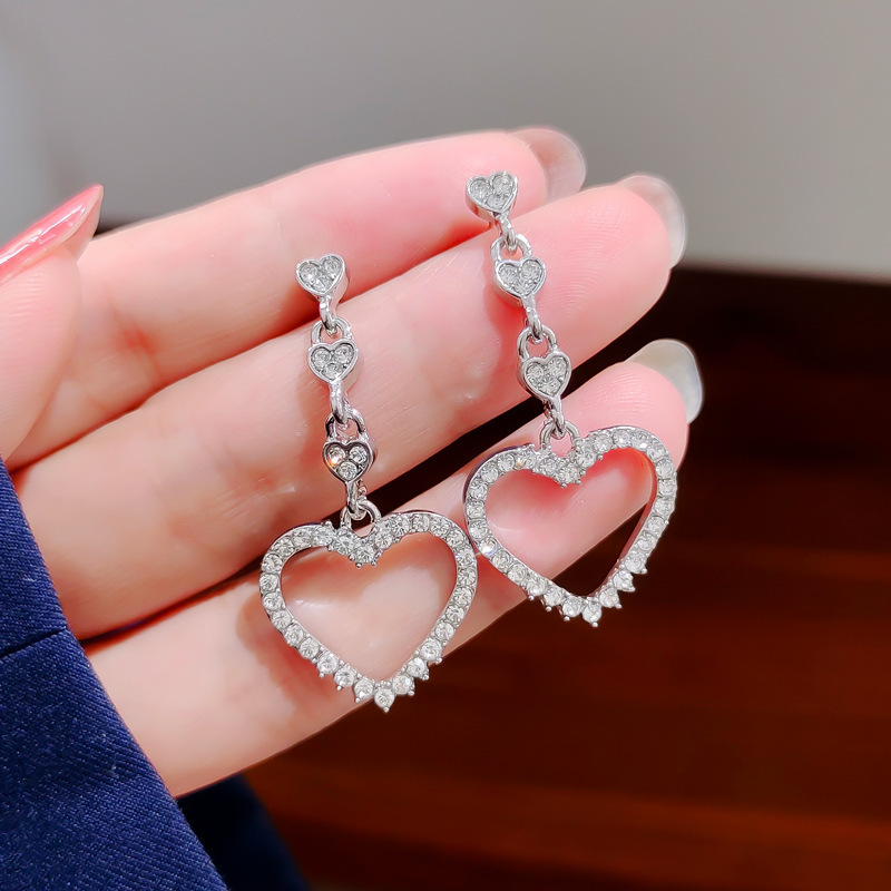 Temperament tassel big love 925 silver needle earrings women's zircon Korean version personality temperament long earrings women's earrings