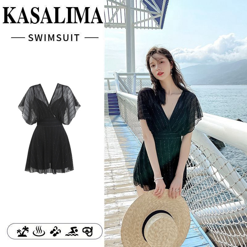 Small breasts push-up one-piece swimsuit female slimming belly-covering fairy style conservative hot spring body-covering swimsuit black Korean ins