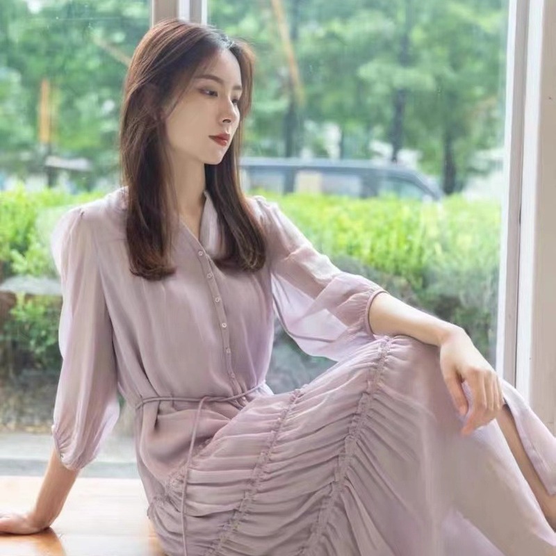 French lady style mulberry silk lace-up long temperament heavy industry dress two colors 50175