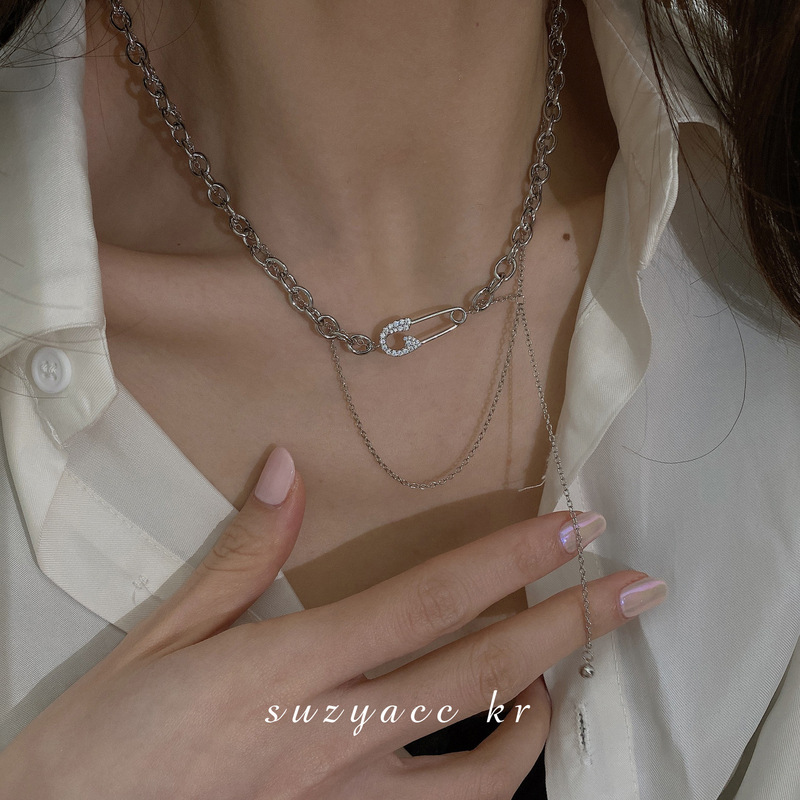 Korean pin chain tassel double-layer temperament necklace new trendy female niche design clavicle chain