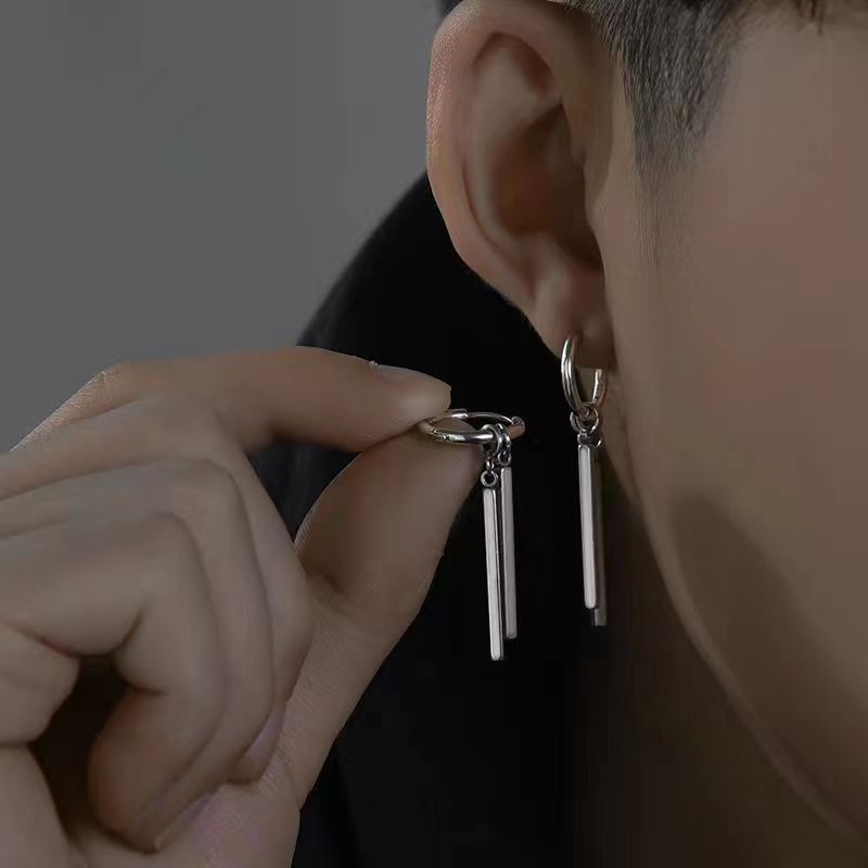 Minimalist men's trendy double stick earrings for women ins design punk cold style single earrings versatile earrings for men