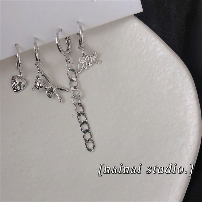 Bear earrings 4 pieces ~ Love chain earrings for women ins cold style trendy set sweet earrings