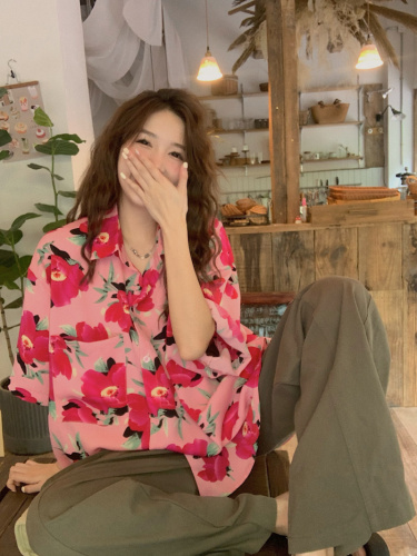 Official picture (four-sided elastic printing) sweet and cool style niche printed short-sleeved shirt for women summer Korean style loose casual shirt