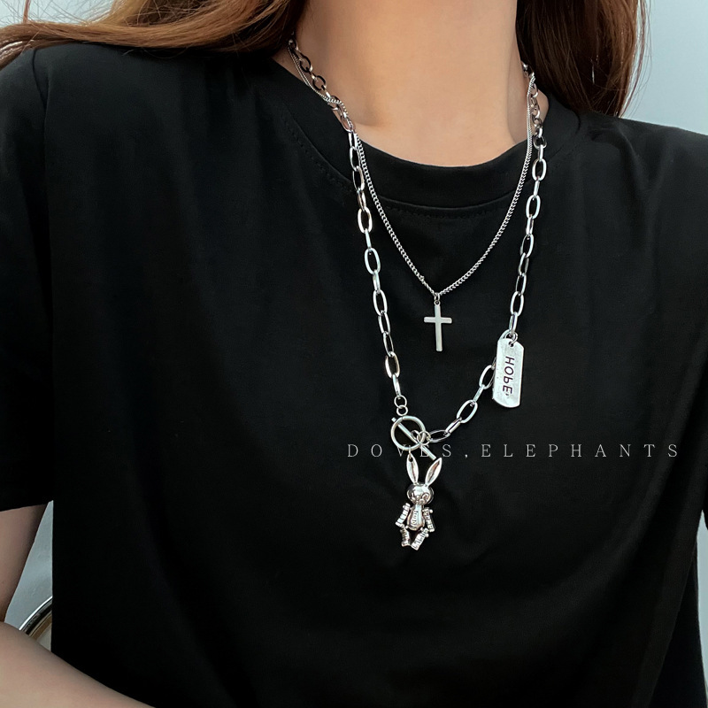Stacked mechanical rabbit cross necklace for women ins hip hop double layer long chain cold style punk accessories for men