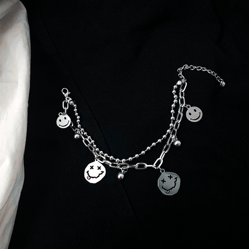 Original design double-layer chain bracelet ins cold style smiling face Korean version titanium steel non-fading bracelet for male and female besties