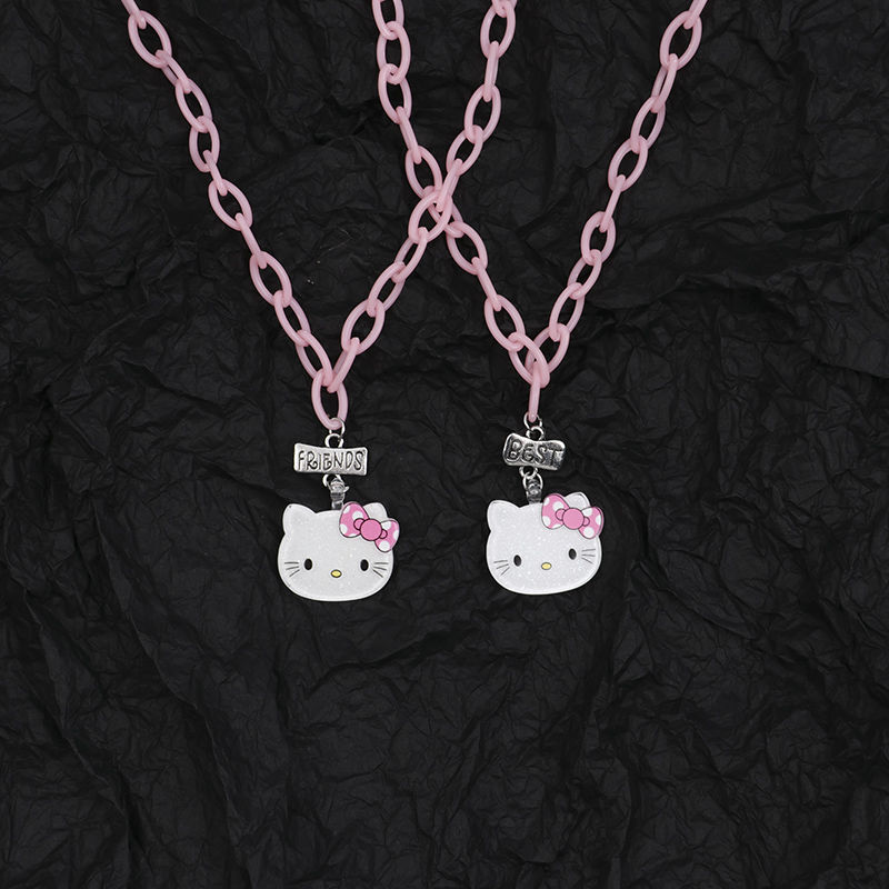 Niche new hip-hop sweet and cool hot girl Y2K round beads cute kitty cat pink love lock necklace bestie gift