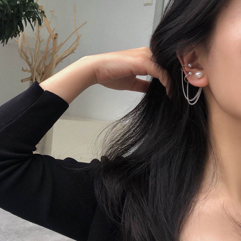 S925 silver needle Korean simple pearl earring chain ear bone clip one-piece temperament internet celebrity ear clip for women [single bag]