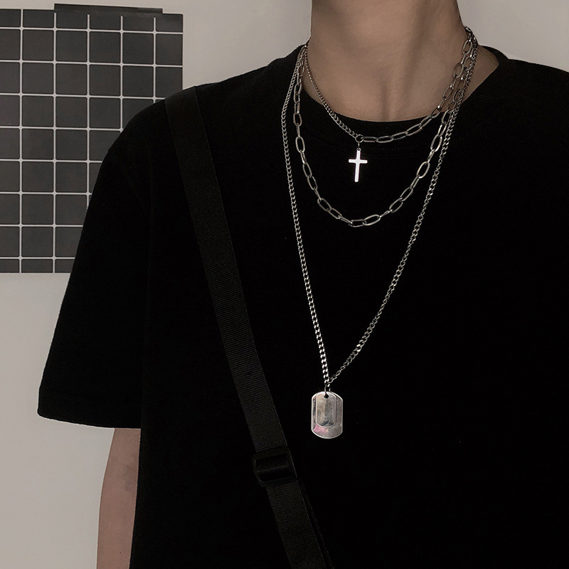 Necklace for men, trendy hip-hop, European and American cross military brand, multi-layer pendant, disco, dark pendant, couple, student punk