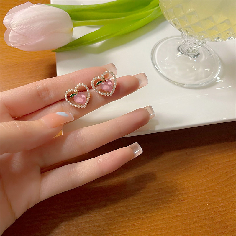 Pink peach love earrings for women niche design high-end earrings new style pearl earrings