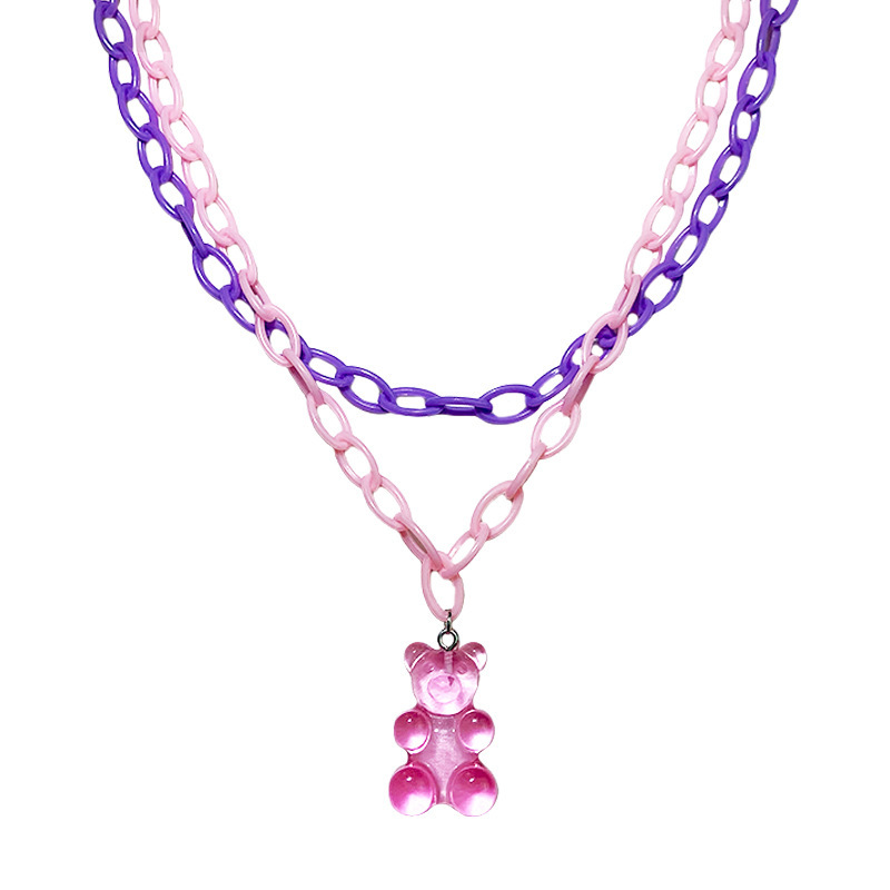 Harajuku style childlike fun sweet cool necklace cute cartoon fun blue color gummy bear pendant double layer clavicle chain for women
