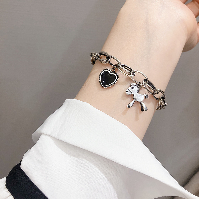 Retro simple horse spade heart bracelet ins trendy thick chain Thai silver internet celebrity personalized fashion bracelet
