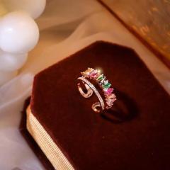 European and American light luxury and high-end color zircon double-layered ring for women, fashionable and versatile, personalized ins trendy open index finger ring