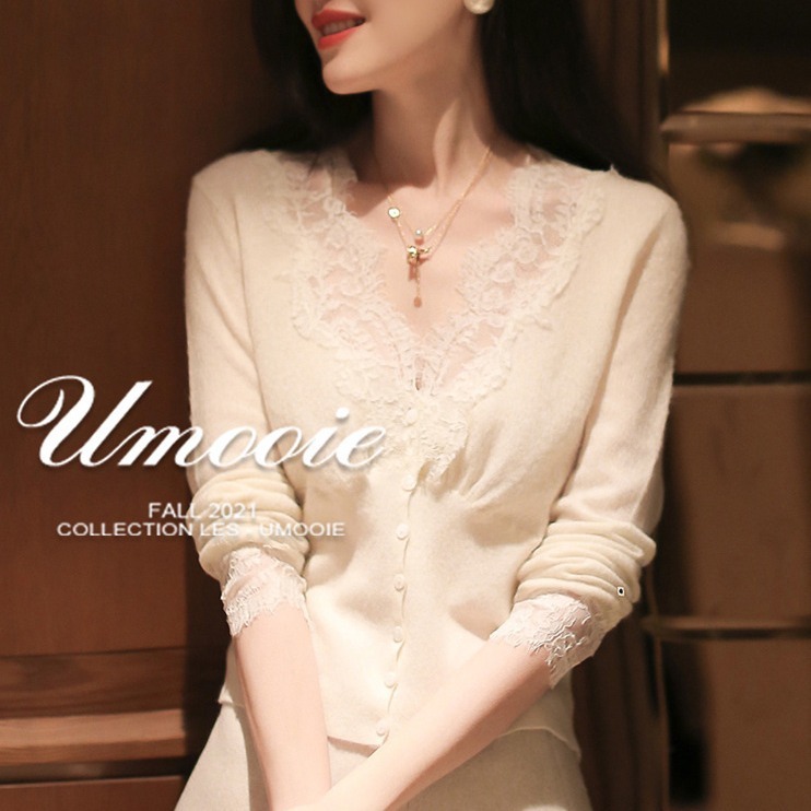 UMOOIE Beautiful lace wool knitted small boutique sweater tops for women Beautiful lace accessories