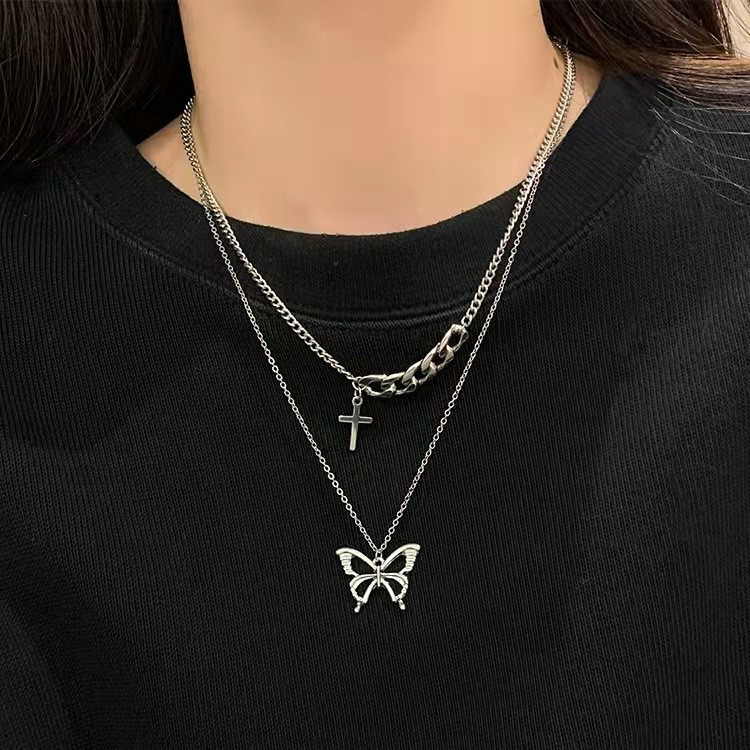 Double layer necklace for women new cross niche design butterfly clavicle chain ins hip hop cool accessories