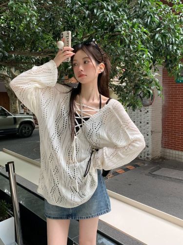 New Korean design hollow long-sleeved sweater top for women summer lazy thin sun protection blouse