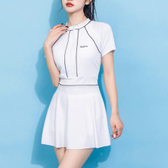 Sports swimsuit for women, one-piece, boxer-angle, conservative, slimming, belly-covering, sleeves, student Korean style diving large size swimsuit for women