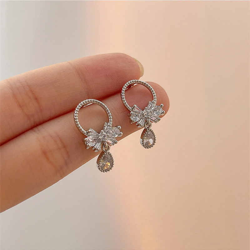 Zircon sparkling 925 silver needle bow Japanese and Korean sweet pastoral earrings elegant and simple ins earrings