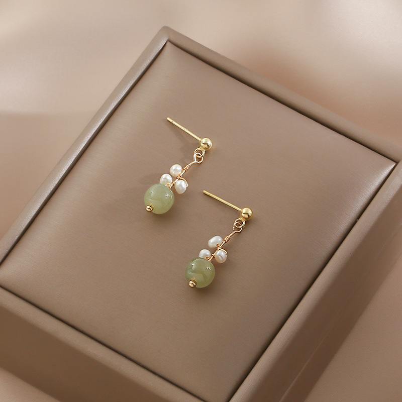Menghualu Tongguo trend earrings imitation jade 925 earrings women's pure earrings 3 pearl trendy simple small and exquisite earrings for women