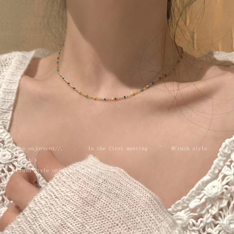 New trendy oil colored bean and rice bead necklace for women Korean niche design clavicle chain stacking accessories