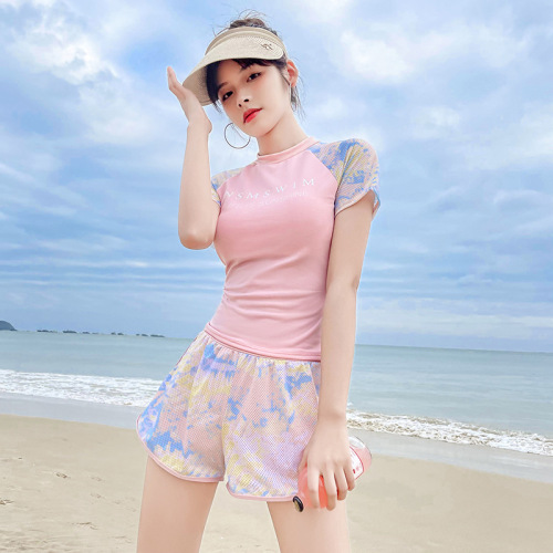 2024 new split sports short-sleeved two-piece set for students, conservative and slim, hot spring student swimsuit for women