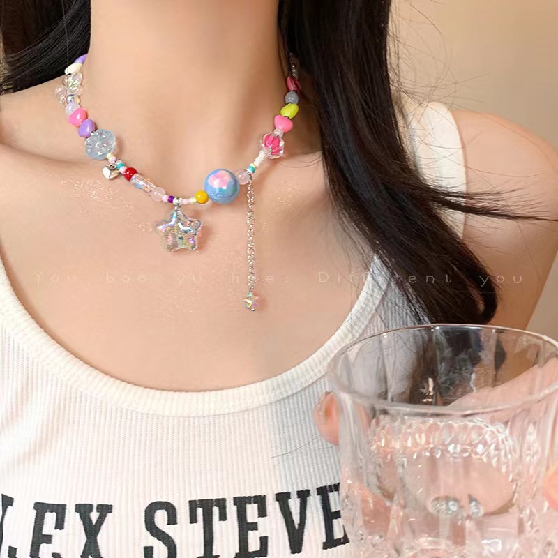 Colorful beaded star necklace for women with cute and sweet temperament, clavicle chain for hot girls, niche and versatile necklace