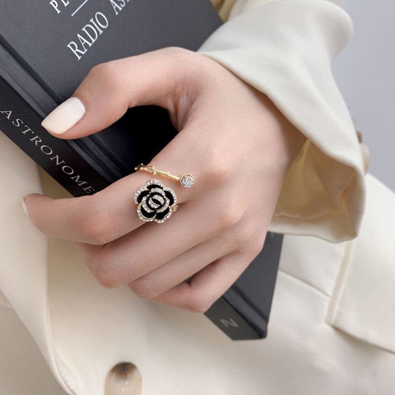 New black rose with diamond retro niche design cool ins style open ring fashionable personality for women