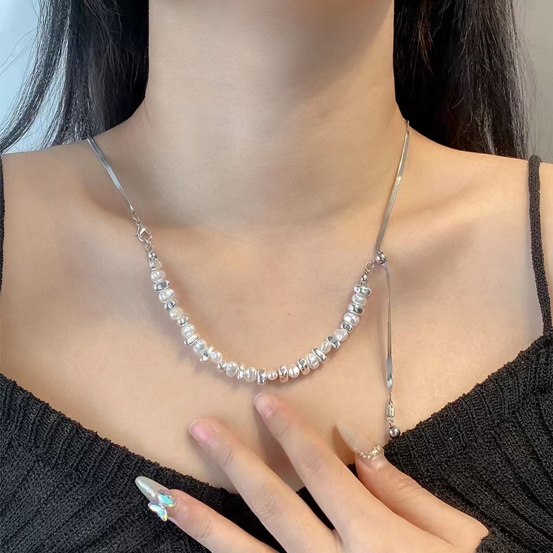 Niche design broken silver special-shaped pearl splicing necklace for women cold style simple and versatile pull-out clavicle chain