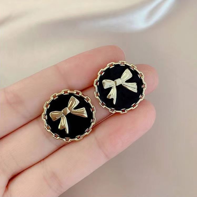 New s925 dripping glaze circle bow earrings, feminine, elegant, retro, versatile, niche ins earrings