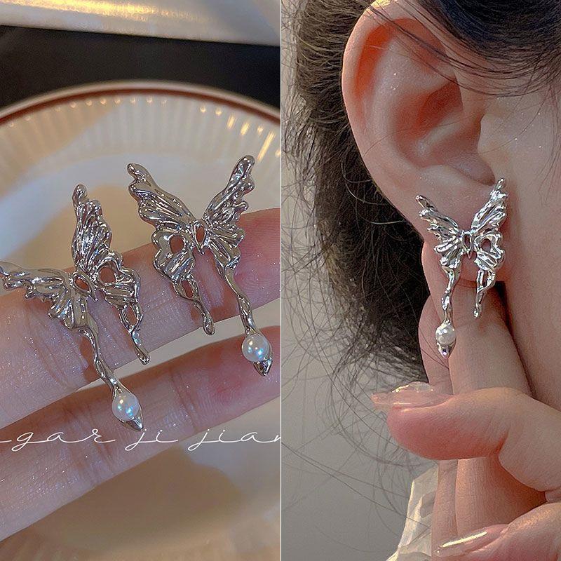 Korean butterfly earrings for women new simple niche design earrings ear clips silver needle cold style earrings