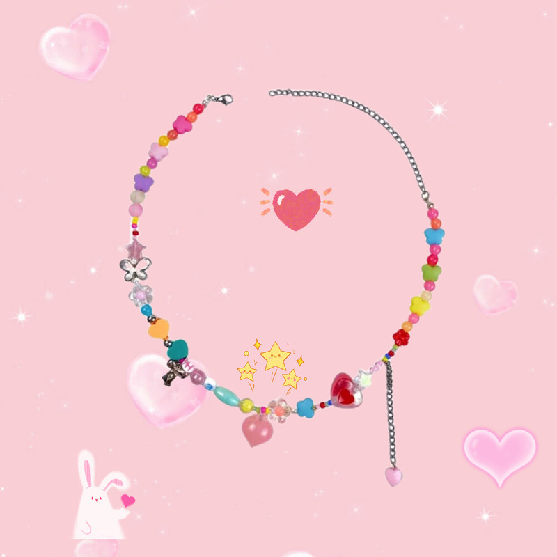 New colorful beaded love necklace for women, Korean version, forest style, sweet and cute, versatile niche design clavicle chain