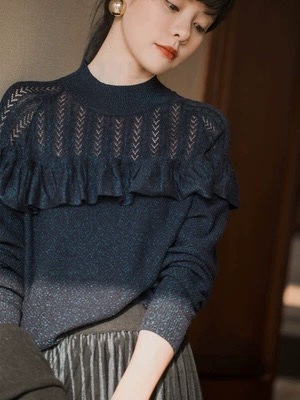Hong Kong Rice [Good quality makes repeat customers] Ruffled sweater for women in autumn and winter new style hollow clip-on pullover