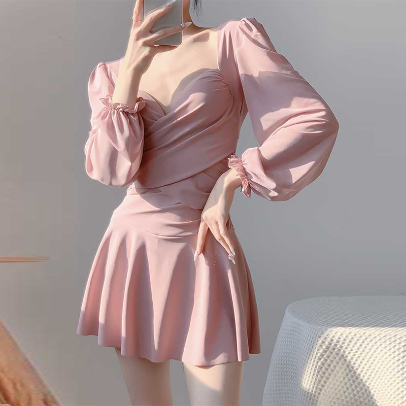 Women's swimsuit one-piece long-sleeved solid color underwire dress hot spring swimsuit conservative slim fashion backless swimsuit wholesale