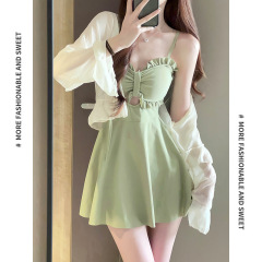 Women's swimsuit 2024 new summer one-piece slim conservative skirt style avocado green high-end sexy hot spring swimsuit