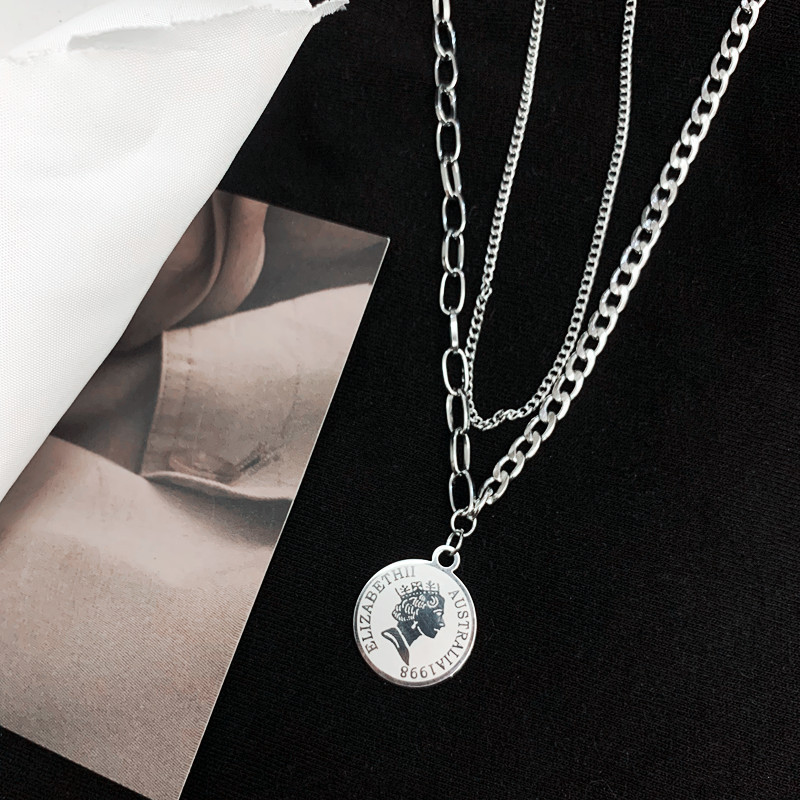 European and American double layer necklace cold Hong Kong style titanium steel jewelry hiphop pendant ins internet celebrity personality hip hop accessories for women