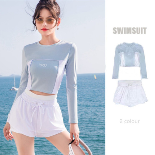 Training sports long-sleeved swimsuit women's two-piece conservative belly-covering girl student fresh hot spring swimsuit