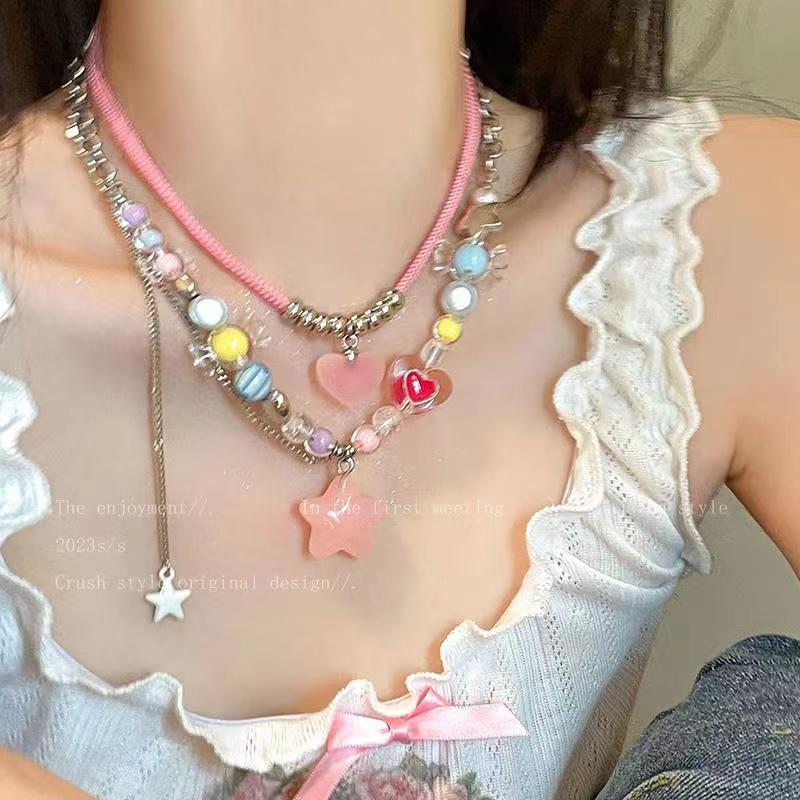 New color candy beaded necklace for women sweet girl pink star love pendant clavicle chain wholesale