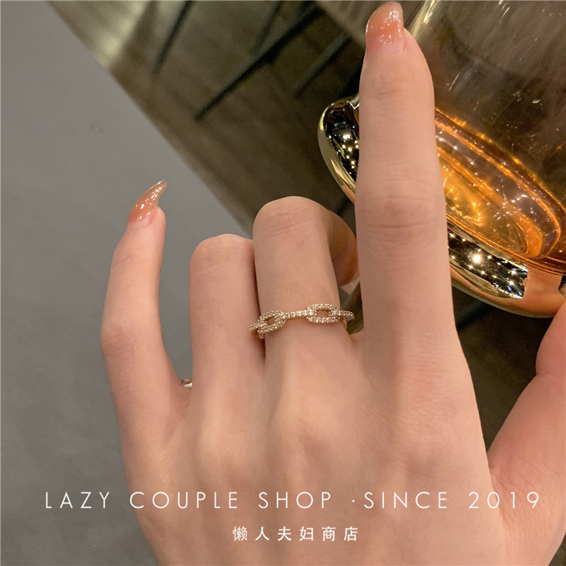 Fashionable and versatile micro-paved zircon chain ring for women niche design cold open index finger ring wholesale