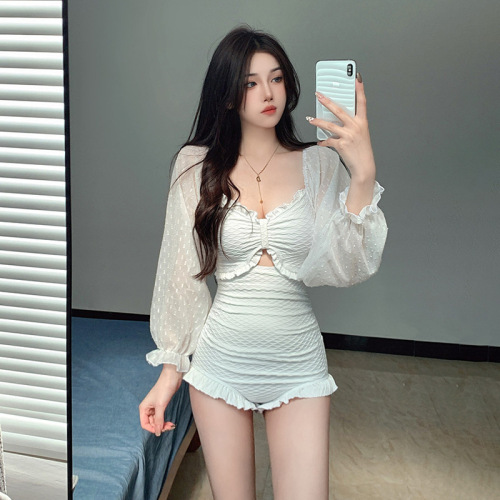 2024 new one-piece swimsuit women's long-sleeved sunscreen super fairy ins Korean sexy solid color pure desire hot spring swimsuit