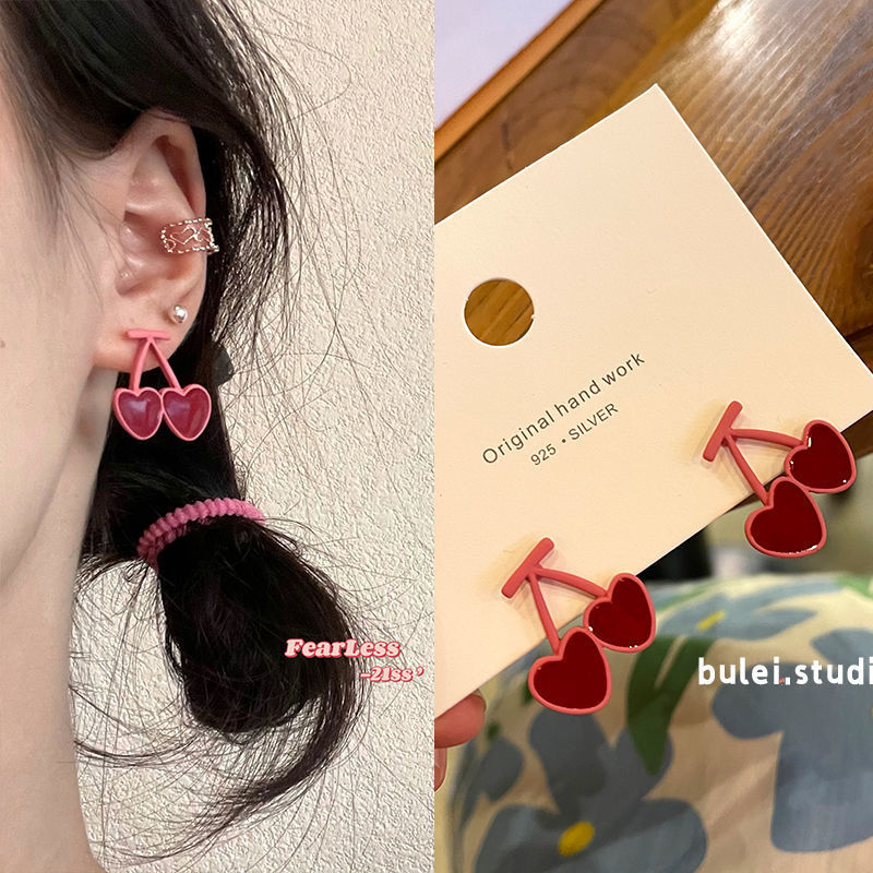 Pink Girl~S925 Silver Needle Little Cherry Earrings New Korean niche double love design earrings